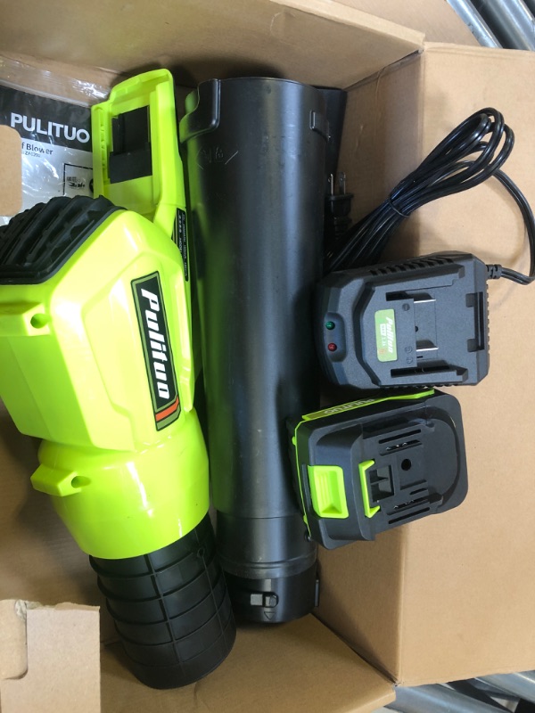 Photo 2 of PULITUO 20V Cordless Leaf Blower with 4.0Ah Battery and Charger, 400 CFM Cordless Electric Leaf Blower with Long & Short Nozzles, Lightweight Handheld for Garden Leaves, Yard Cleaning, and Wood Chips. green