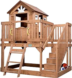 Photo 1 of Backyard Discovery Scenic Heights All Cedar Wooden Playhouse, Upper Deck Cottage Style, Saloon Style Doors, Ladder, Stairs, Play Sink, Storage Toy Box, Cushioned Cot, Built-in Growth Chart