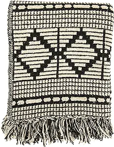Photo 1 of Bloomingville Black & Beige Woven Cotton Blend Blanket with Fringe Throw, One Size fits