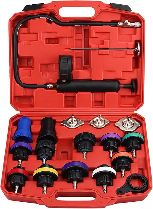 Photo 1 of 
Roll over image to zoom in
Bicos 18pcs Radiator Pressure Tester Kit Water Tank Adapter Auto Coolant Vacuum Purge Head Gasket Cooling System Car Leak Tester Detector Tool