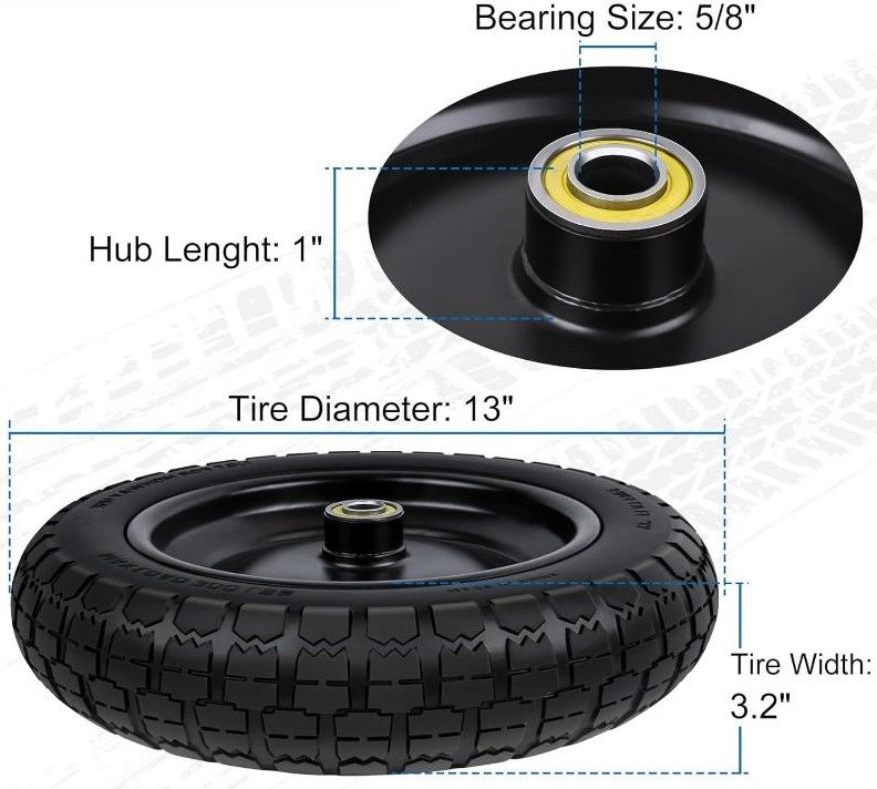 Photo 1 of 13 Inch Flat Free Wheel Tire 4.00-6 Solid Replacement with Universal 5/8" Axle Bore Hole, 4 Spacers and 2 Pins, for Wheelbarrow, Garden Wagon, Hand Truck, Trolley, Lawn Mower
