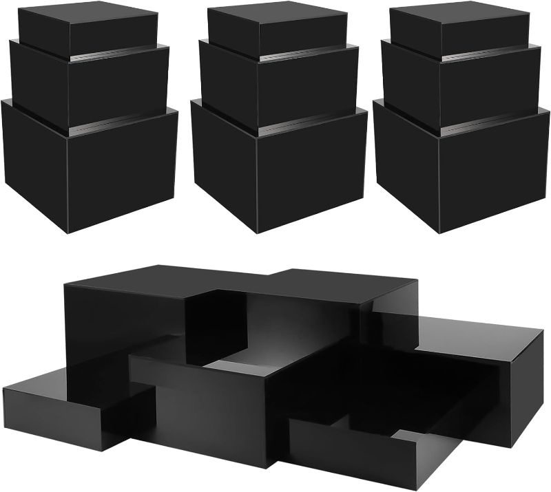 Photo 1 of 15 Pcs Black Acrylic Cube Nesting Acrylic Boxes for Food Display Hollow Bottoms Display Pedestal 5 Sided Display Cubes Stand Shelf for Collectibles, Jewelry Exhibition Show, 3 Size
