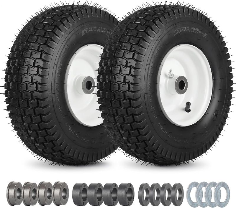 Photo 1 of 13x5.00-6 Rubber Lawn Mower Tire and Wheel, 2 Pcs Replacement 13x5-6nhs Riding Mowers Lawn Pneumatic Tire with 3/4" Bushing, 3" -4.5" Centered Hub
