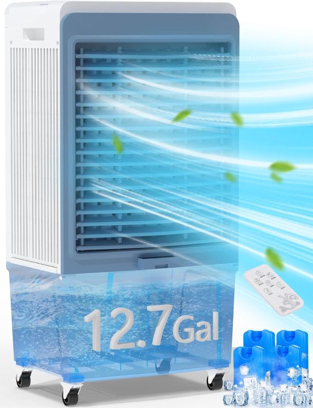 Photo 1 of Evaporative Air Cooler, 4129 CFM Swamp Cooler with 12.7 Gallon Water Reservoir, 120°Oscillation Portable Air Cooler with Remote Control, 12H Timer, 3 Wind Speeds for Outdoor Indoor Use
