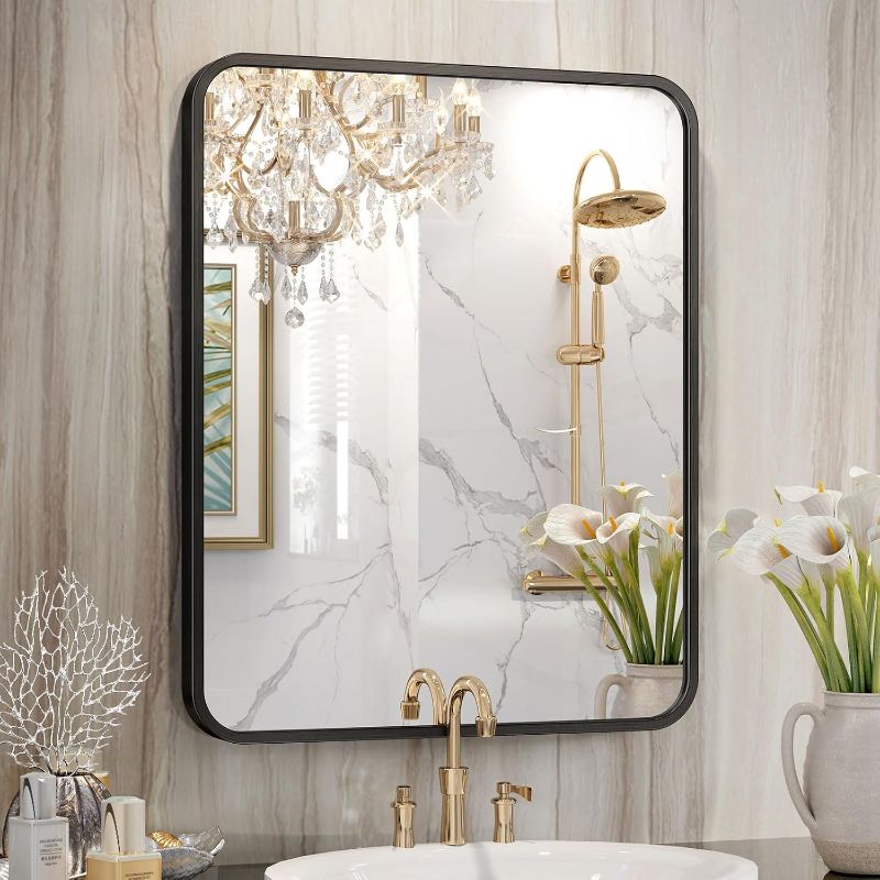 Photo 1 of 18"x24" Black Bathroom Mirror for Over Sink, Dresser, Rectangle Wall Mirror, Wall-Mounted Metal Framed Vanity Mirror for Restroom Entryway Hallway Bedroom Living Room
