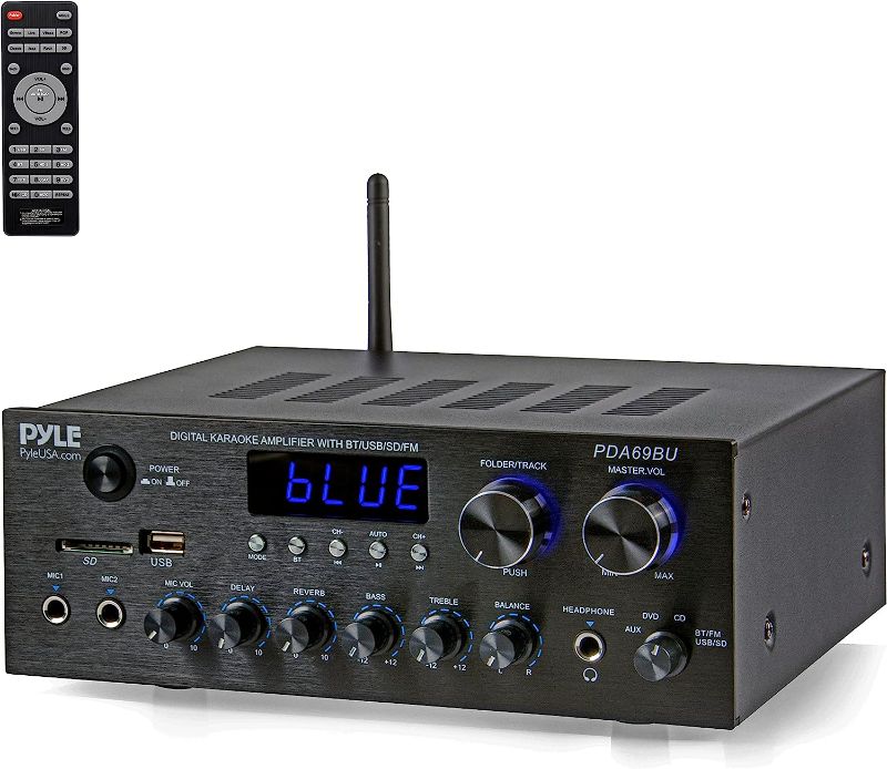 Photo 1 of Pyle Bluetooth Home Audio Amplifier Receiver Stereo 300W Dual Channel Sound Audio System w/MP3, USB, SD, AUX, RCA, MIC, Headphone, FM, LED, Reverb Delay, for Home Theater Speakers, Studio - PDA69BU
