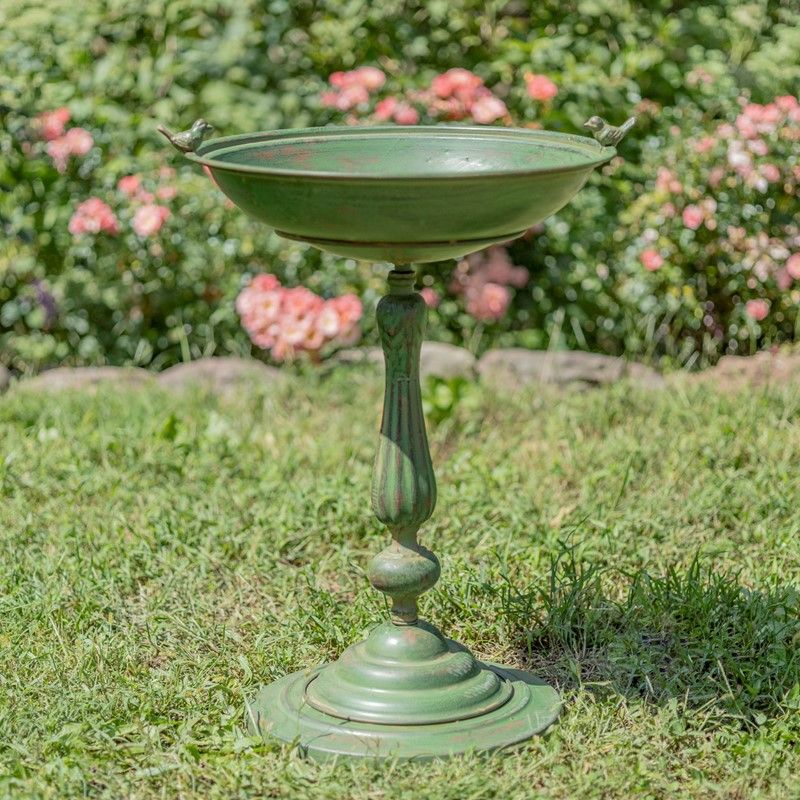 Photo 1 of 28.75" TALL ROUND PEDESTAL BIRDBATH WITH BIRD DETAILS IN ANTIQUE GREEN