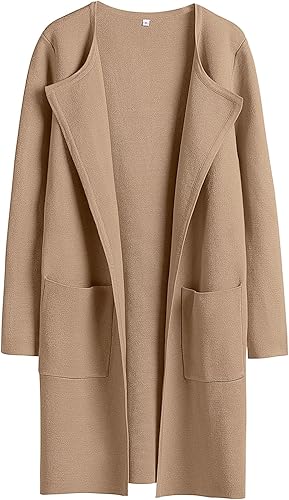 Photo 1 of Angashion Women’s Coat, Long Sleeve Stand Collar Cardigan Mid-Long Open Front Outwear Overcoat with Zipper Pockets Medium Beige 