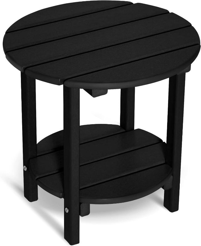 Photo 1 of 2 -Tier Round Outdoor Side Table HDPE Adirondack Table Patio Side Table Weather Resistant End Table Small Outdoor Table (Black, Round)
