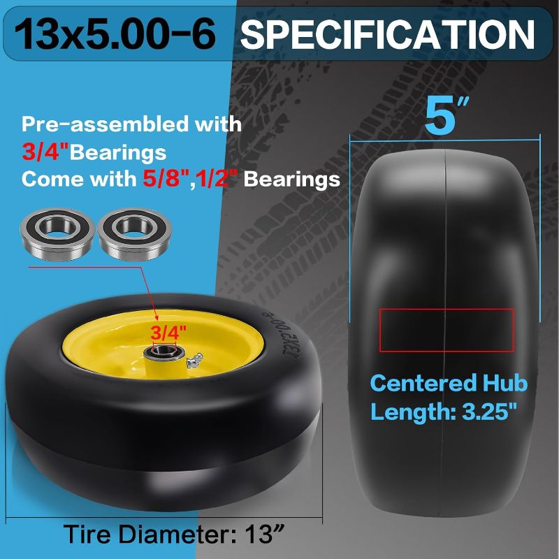 Photo 1 of 13x5.00-6" Lawn Mower Solid Smooth Tire and Wheel with 3/4"& 1/2" & 5/8" Bearings,3.25"- 6" Centered Hub, Mower Front Tire Assembly Compatible with Lawn Mower Garden Tractor