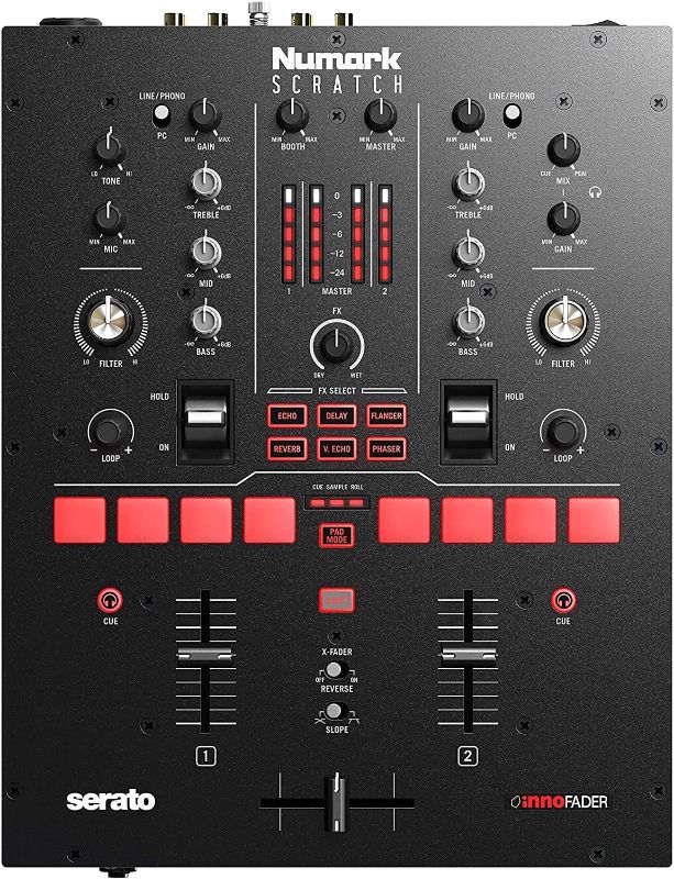 Photo 1 of Numark Scratch | Two-Channel DJ Scratch Mixer for Serato DJ Pro (included) With Innofader Crossfader, DVS license, 6 Direct Access Effect Selectors, Performance Pads and 24-Bit Sound Quality
