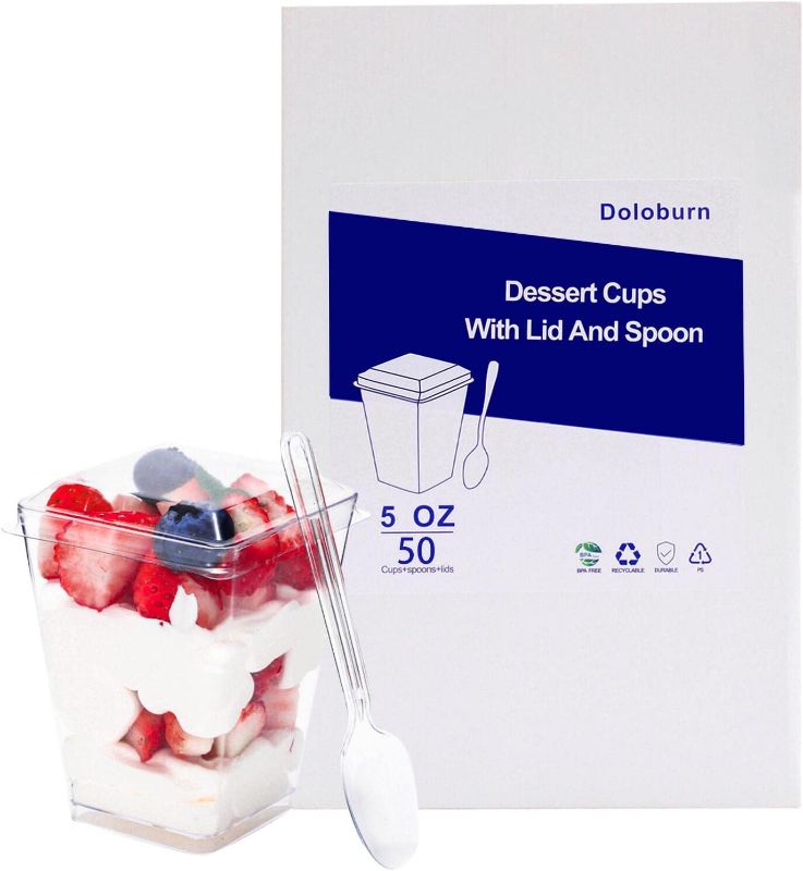 Photo 1 of 100 Pack 2 oz Mini Dessert Cups with Spoons, Square Clear Plastic Appetizer Cups, Reusable Parfait Cups, Small Dessert Bowls for Serving Fruit Ice Cream Pudding Yogurt
