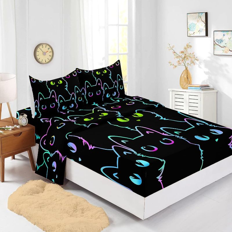 Photo 1 of Cute Cartoon Cat Sheets Set Twin Size,Kawaii Simple Strokes Animals Kids Bed Sheets with 2 Pillowcase,Cot Sheets Fitted Sheet with 16" Deep Pocket,for Girls Boys Teen Bedding 4 Piece Set
