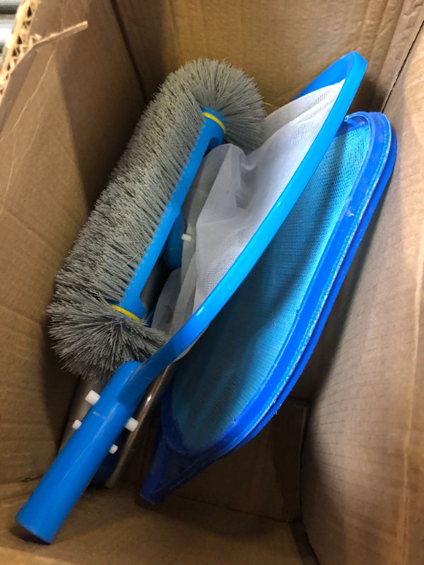 Photo 2 of 12.5'' Pool Brush with Round End & 11'' Pool Skimmer Net Fine Mesh 4.6 Feet Thick Aluminum Pole 4-Segment 3PCS Pool Cleaning Kit for above Ground & Inground Pools Ponds Round Brush & Skimmer Net With 4.6ft Poles