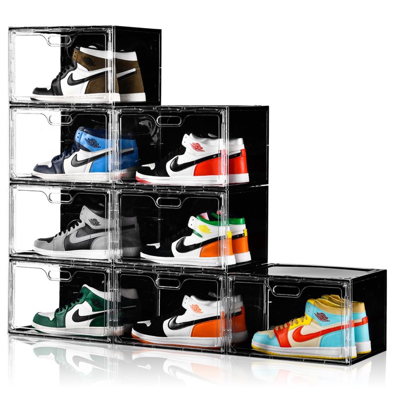 Photo 1 of 1 Pack Shoe Boxes Stackable, Large Shoe Storage Organizer with Lids,Drop Side Shoe Containers for Entryway,Sneaker Storage Fit up to US Size 14 for Men/Women(13’’x 10.6”x 8.3”) Pack Clear and Black