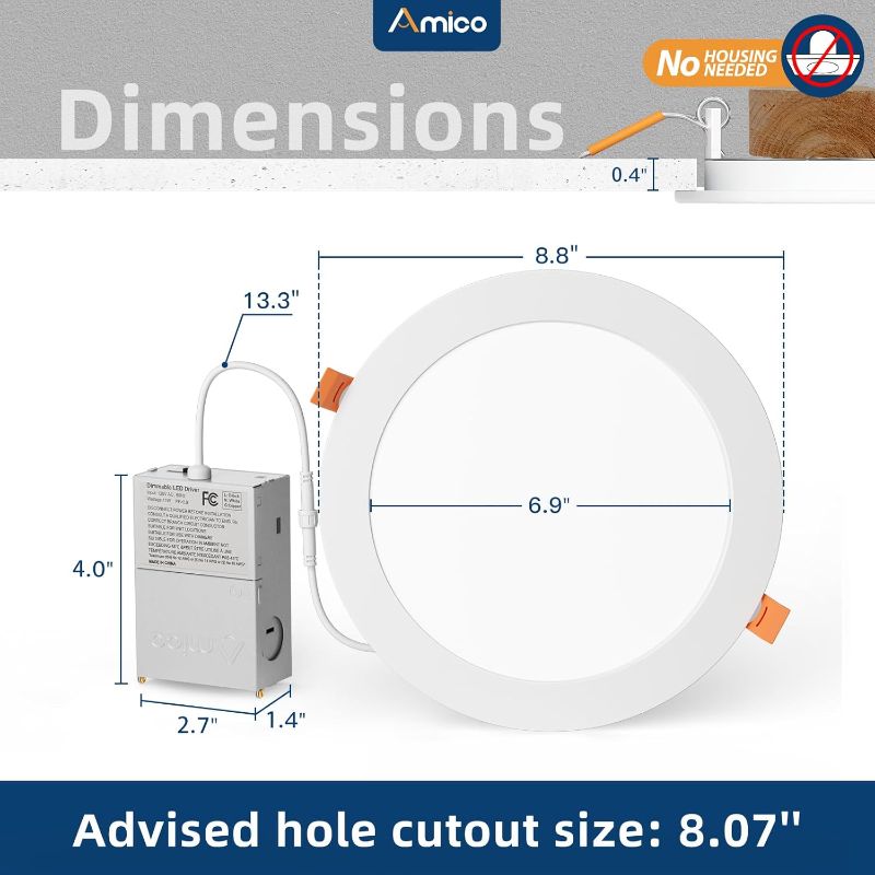 Photo 1 of 2pc--Amico 8 Inch 5CCT Ultra-Thin LED Recessed Ceiling Light with Junction Box