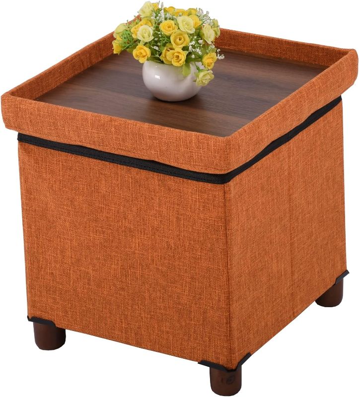 Photo 1 of 15 Inches Storage Ottoman with Wooden Legs Cube Foot Rest Stool, Square Footstool Storage, Ottoman with Storage for Living Room, Foldable Fabric Ottoman, Comfortable Seat with Lid, Space-Saving Orange
