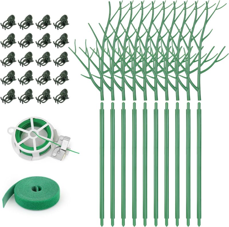 Photo 1 of 10 Pack Plant Support Stakes for Indoor Plants, 27.56 Inch Twig Plant Sticks with Orchid Clips Twist Ties and Plant Ties for House Potted Plants and Flower, Plastic Branches Support Structures, Green 