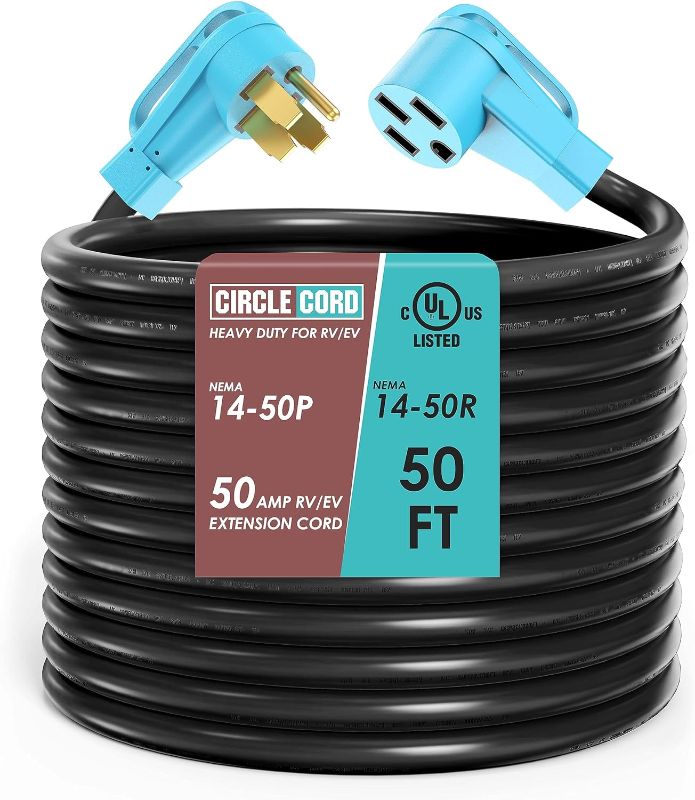 Photo 1 of CircleCord UL Listed 50 Amp 50 Feet RV/EV Extension Cord, Heavy Duty 6/3+8/1 Gauge STW Wire, NEMA 14-50P/R Suit for Tesla Model 3/S/X/Y EV Charging and RV Trailer Campers
