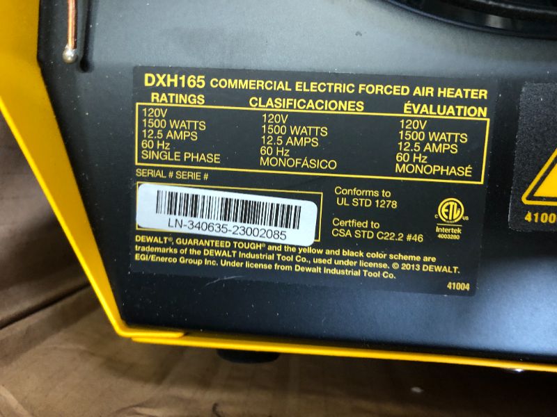 Photo 3 of Dewalt F340635 1.65 kW 5,630 BTU Electric Forced Air Portable Heater