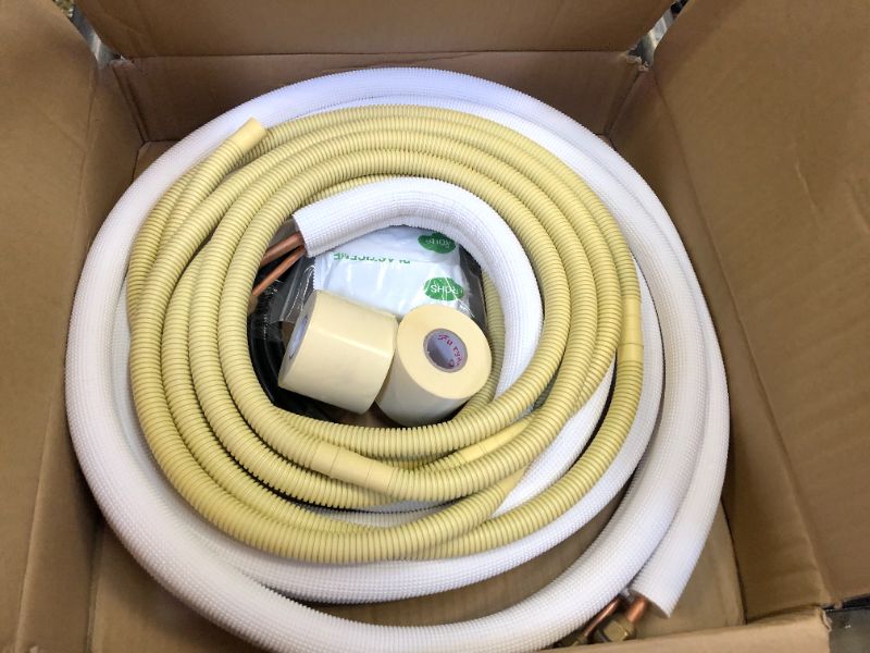 Photo 2 of 16ft Length Mini Split Line Set,1/4" 3/8" OD Copper Pipes Tubing and 3/8 White PE Thickened Insulated Coil with Flared Nuts for Mini Split Air Conditioner HVAC or Heat Pump System. (16Ft(1/4+3/8))