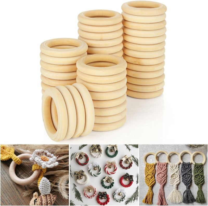 Photo 1 of 100 PCS Wood Rings for Crafts 2.4 Inch Natural Unfinished Wooden Ring 60mm Small Smooth Craft Rings Solid Wood Macrame Rings for DIY Crochet Wood Hoops Connectors Jewelry Making