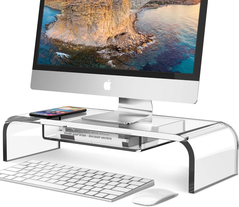 Photo 1 of Computer Acrylic Monitor Stand Riser with Storage - Larger Size Single Clear PC Desktop Monitor Holder for Desk, Keyboard Storage, Laptop, TV Screen, Home, Office, Gift Ideas
