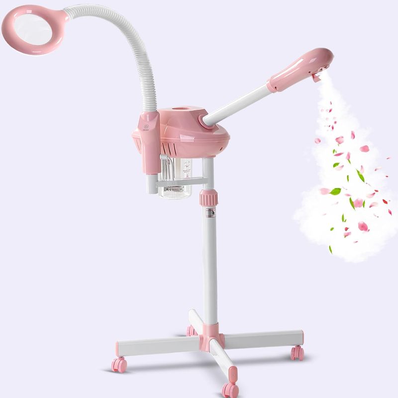 Photo 1 of Professional Facial Steamer, 2In 1 Ozone Facial Steamer on Wheels, SPA Facail Steamer with 5X Magnifying Lamp, Stand Facial Steamer with Time Setting, Pink
