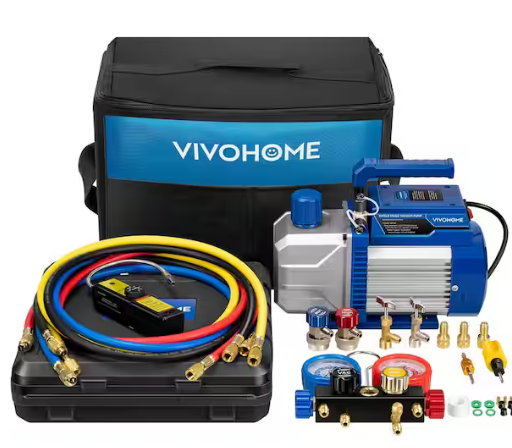 Photo 1 of 110-Volt 1/3 HP 4.5CFM Single Stage HVAC Vacuum Pump Kit with 4 Way AC Manifold Gauge, Leak Detector
