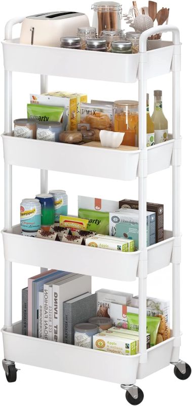 Photo 1 of Sywhitta 4-Tier Plastic Rolling Utility Cart with Handle, Multi-Functional Storage Trolley for Office, Living Room, Kitchen, Movable Storage Organizer with Wheels, White
