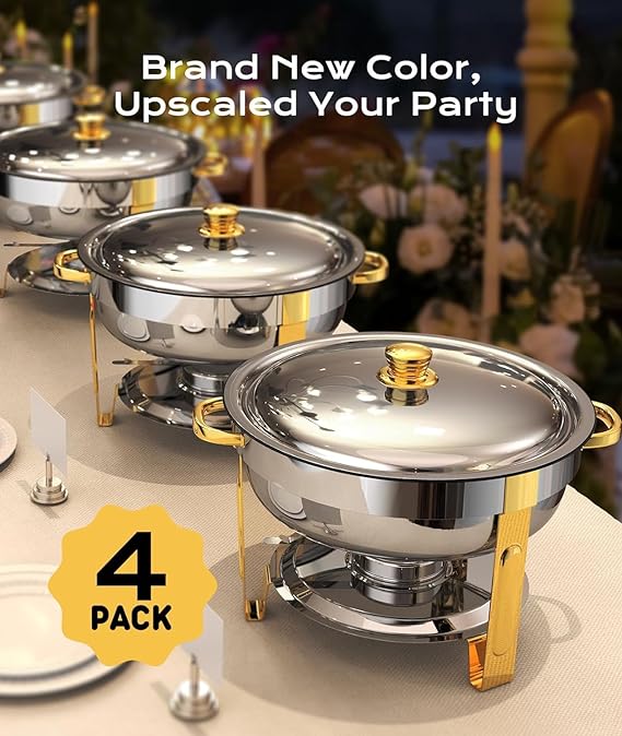 Photo 1 of Chafing Dishes for Buffet 4 Pack, 5QT [Worry-Free Assemble] Round Chafing Dish Buffet Set [Elegant Gold and Silver Colors] Stainless Steel Chafers and Buffet Warmers Sets for Parties with Complete Set