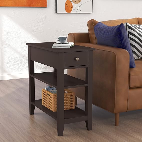 Photo 1 of ChooChoo Side Table Living Room, Narrow End Table with Drawer and Shelf, 3-Tier Sofa End Table for Small Space, Espresso