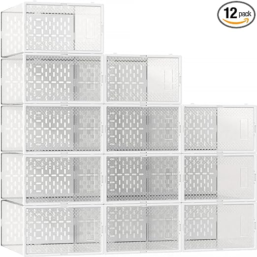 Photo 1 of Large Shoe Storage Boxes, 12 Pack Shoe Boxes Clear Plastic Stackable, Shoe Organizer Box for Closet, Stackable Sneaker Containers Case Bins with Lids, Great Alternative to Shoe Racks, White