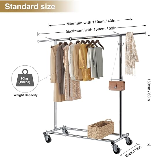 Photo 1 of SONGMICS Clothes Rack with Wheels, Heavy-Duty Clothing Rack for Hanging Clothes, Portable Garment Rack, with Extendable Hanging Rail, 198 lb Load Capacity, Silver UHSR13SV1
