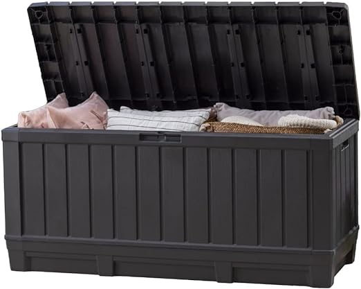 Photo 1 of Keter Kentwood 92 Gallon Resin Deck Box-Organization and Storage for Patio Furniture Outdoor Cushions, Throw Pillows, Garden Tools and Pool Floats, Dark Grey