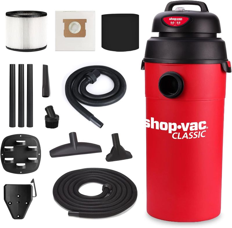 Photo 1 of Shop-Vac 5 Gallon 5.5 Peak HP Wet/Dry Vacuum, Wall Mountable Compact Shop Vacuum with 18' Extra Long Hose & Attachments, Ideal for Jobsite, Garage, Car & Workshop. 9522236
