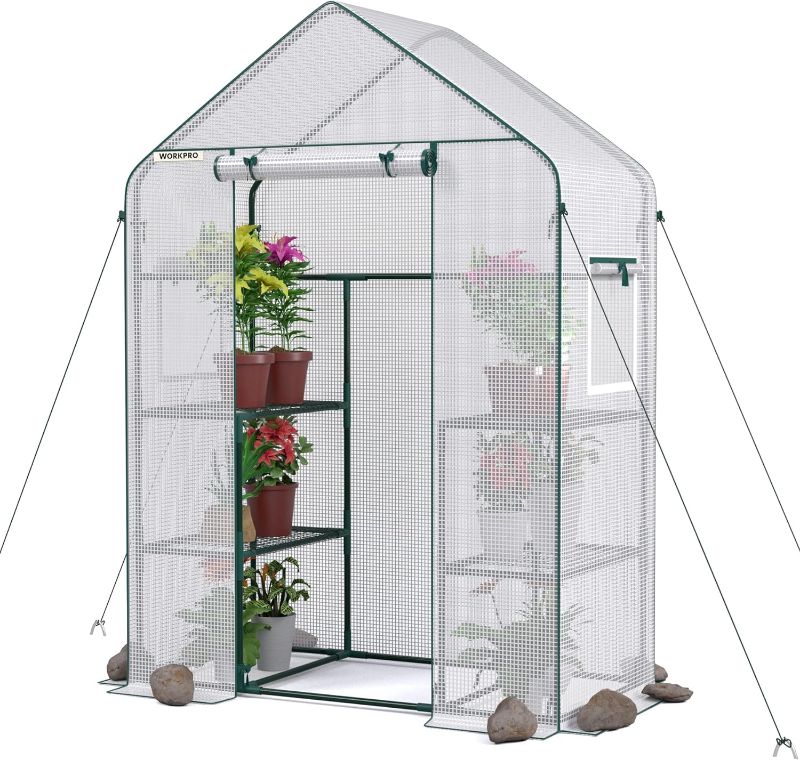 Photo 1 of WORKPRO Greenhouse, 56"X 28" X 77" Portable Small Greenhouses for Outdoors & Indoors, Sturdy Green House Kit with Thicken PE Cover, Windows, 3 Tier 4 Shelves for Patio, Backyard, Balcony
