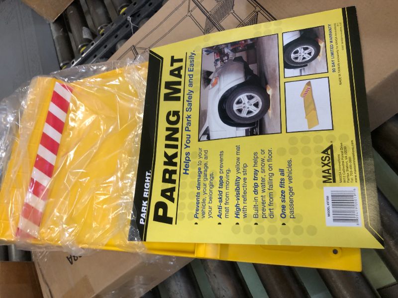 Photo 2 of Maxsa 37356-RS Park Right Perfect Parking Self Adhesive Anti-skid Parking Mat for Cars and Trucks, 21" x 11" x 2", Yellow with Reflective Strip 1-Pack Yellow Frustration-Free Packaging