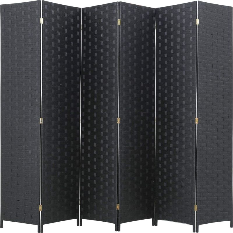 Photo 1 of FDW Room Divider Wood Screen 6 Panel Folding Portable Partition Screen Wood Mesh Woven Design Room Screen Divider Screen Wood for Home Office (Black)
