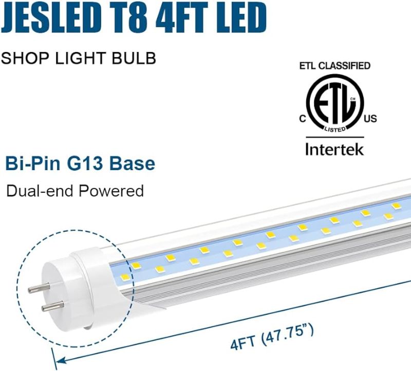 Photo 1 of JESLED T8 T12 4FT LED Type B Light Bulbs, 24W 3000LM 5000K Daylight White, 4 Foot Flourescent Tube Replacement, Double Row 192LEDs, Remove Ballast, Dual-end Powered, Clear, Warehouse Shop Lights 4Pack 4x4ft