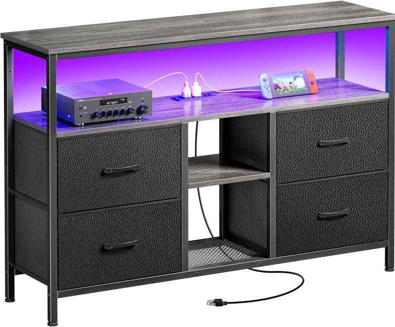 Photo 1 of TV Stand Dresser with Power Outlets and LED Lights, 4 Drawers Entertainment Center with Open Shelf, Media Console for 50 43 Inch TV, Dresser with PU Finish, Grey and Black
