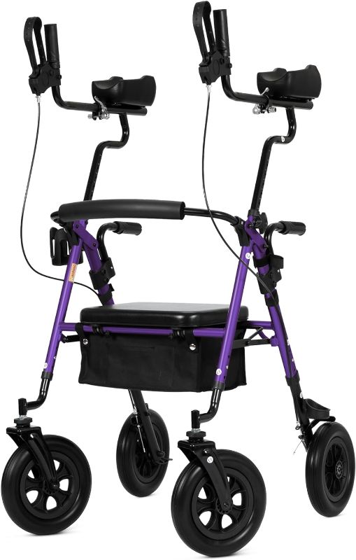 Photo 1 of ELENKER All-Terrain Upright Rollator Walker, Stand up Rolling Walker with Seat, 12” Non-Pneumatic Wheels, Compact Folding Design for Seniors, Purple