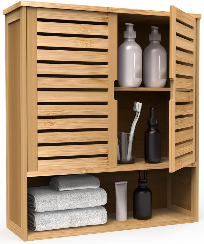 Photo 1 of Bathroom Wall Cabinet, Bamboo Wall Mount Medicine Cabinet Storage Organizer, Double Doors & 3 Tier Adjustable Shelf
