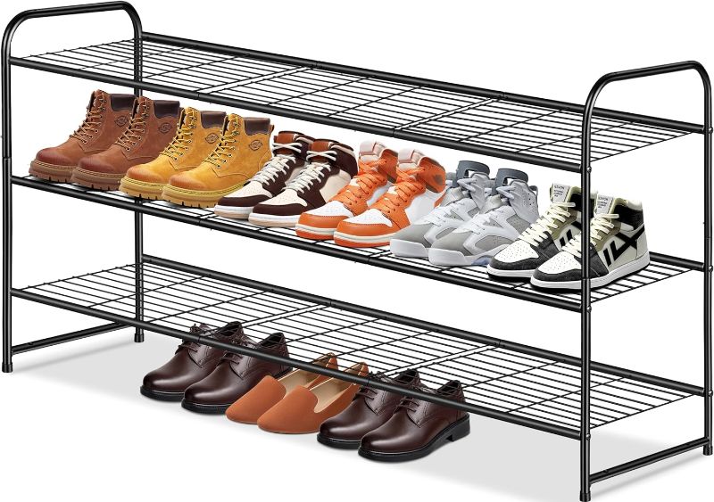 Photo 1 of KEETDY 3-Tier Long Shoe Rack for Closet Metal Shoe Organizer for Entryway, Wide Stackable Shoe Storage Shelf with Sturdy Wire Grid for Closet Floor, Bedroom, Black
