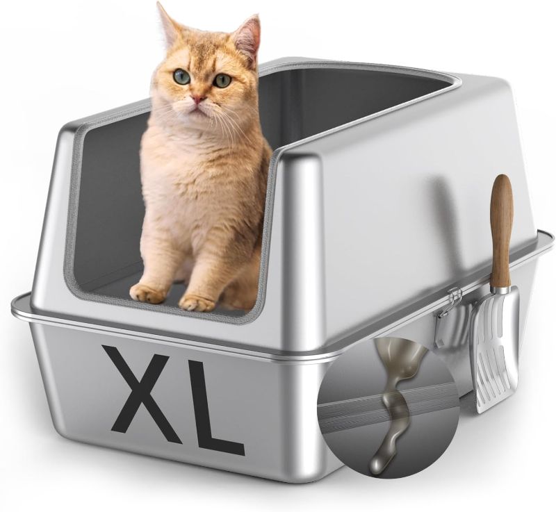Photo 1 of All Stainless Steel Cat Litter Box with Lid,Extra Large Enclosed Litter Box with 8''High Sides Cover,XL Metal Litter Boxes for Big&Multiple Kitty,Anti Urine Leakage,Easy Cleaning,Odor Free,Metal Scoop
