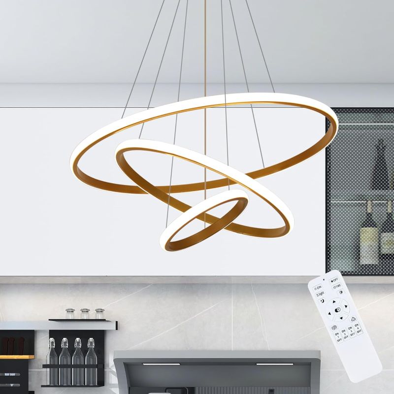 Photo 1 of Modern LED Chandelier for High Ceiling, Dimmable 3-Ring Pendant Light with Remote Flush Mount Ceiling Light for Living Room Dining Room Foyer Entryway Island Bedroom, 3000K-6500K
