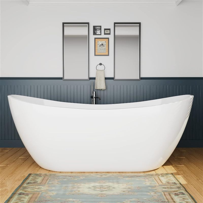 Photo 1 of 62" Lucite Acrylic Freestanding Bathtub, Double Slipper Shape Contemporary Soaking Tub with Toe-tap Chrome Drain, Slotted Overflow, cUPC Certified, Glossy White
