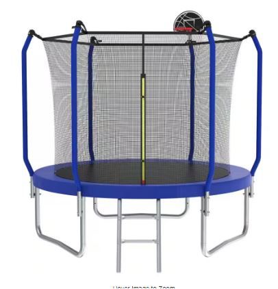 Photo 1 of 10 ft. Blue Round Outdoor Trampoline with Safety Enclosure and Basketball Hoop
