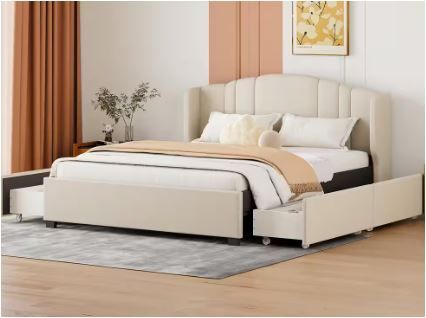 Photo 1 of Beige Upholstered Wood Frame Queen Size Platform Bed with Wingback Headboard and 4 Storage Drawers
