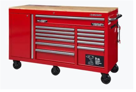 Photo 1 of 60 in. W x 22 in. D Standard Duty 12-Drawer Mobile Workbench Cabinet with Solid Wood Top in Gloss Red
